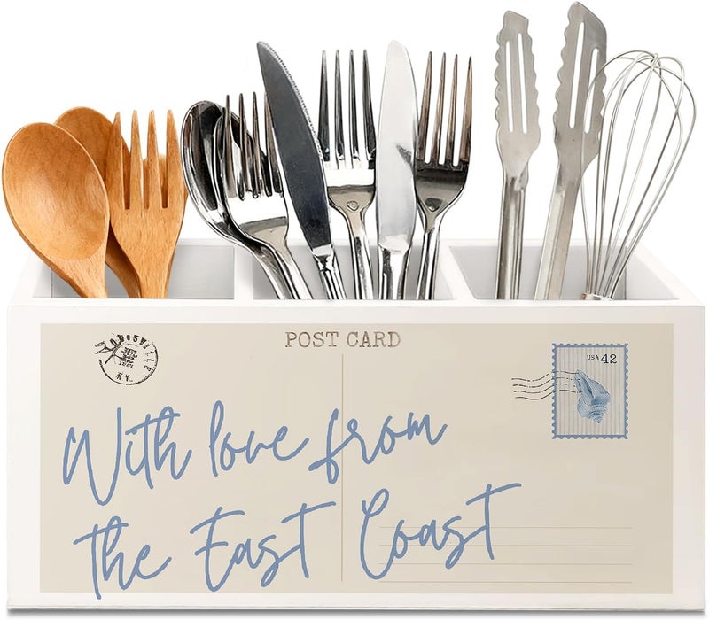 KBRCT With Love From the East Coast Coastal Wooden Utensils Holder, Vintage Postcard Blue Beachy Wood Cooking Utensil Holder Organizer for Kitchen Countertop Counter Decor Accessories - Image 1